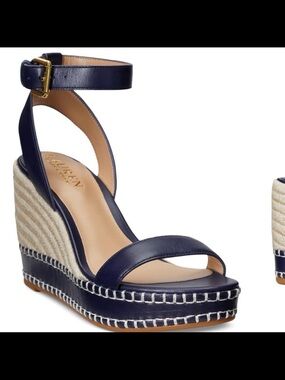Lauren Ralph Lauren Navy Leather Espadrille Wedge Sandals with Gold Buckle